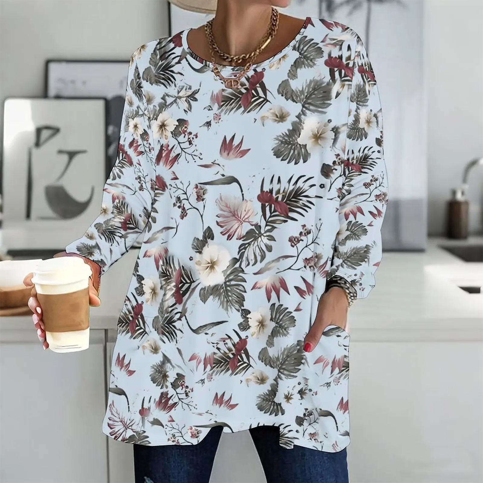 Women Round Neck Long Sleeve Front Pockets Loose Fit Longline Printed Top