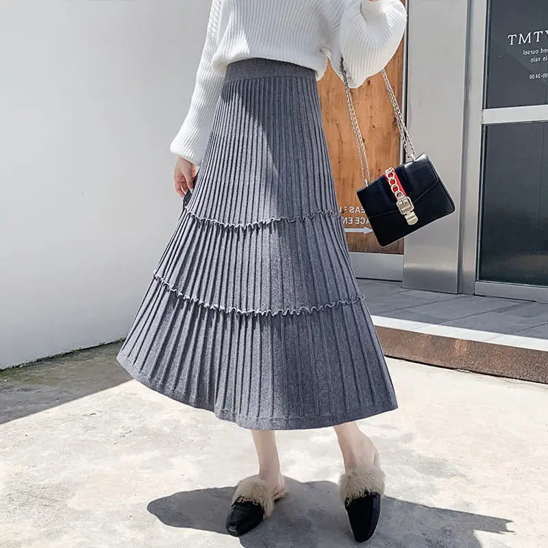 Winter Elegant Pleated Knitting High Waist Solid Color A-line Skirt Women Clothes Simplicity Screw Thread Elastic Pleated Skirt