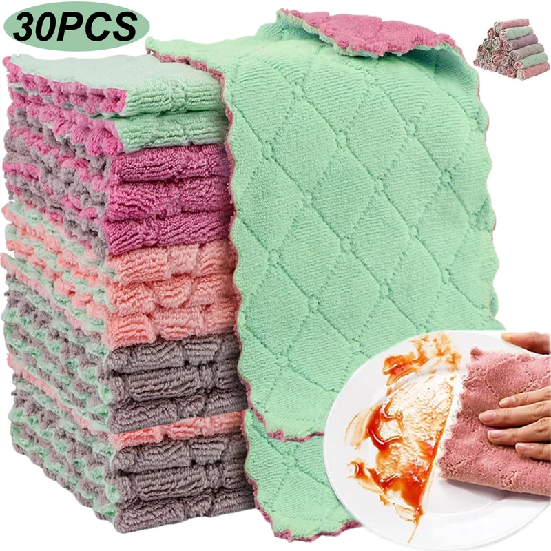 30/1pcs Double-layer Kitchen Dish Cloth Super Absorbent Coral Fleece Cleaning Towels Non-stick Oil Dishcloths Scouring Dry Rag