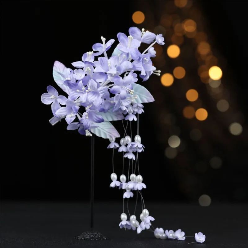 

Purple Lily of The Valley Fringed Side Hairpin Shape Pair Clip Antique Wedding Headdress