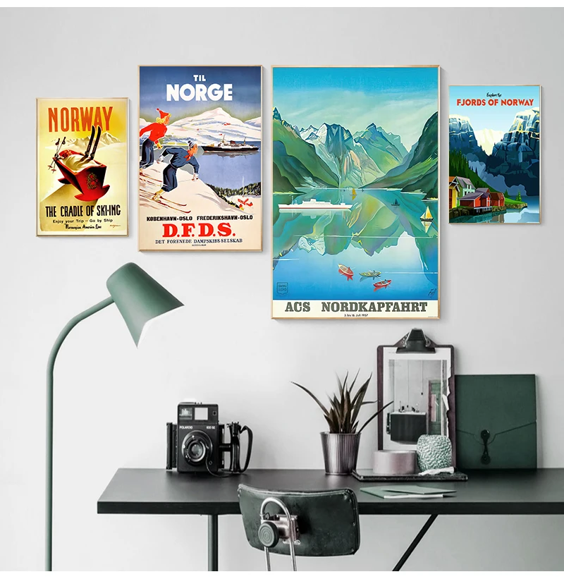 Ski in Norway Norge Fjords Map Vintage Retro Travel Classic Print Art Canvas Poster For Living Room Decor Home Wall Picture