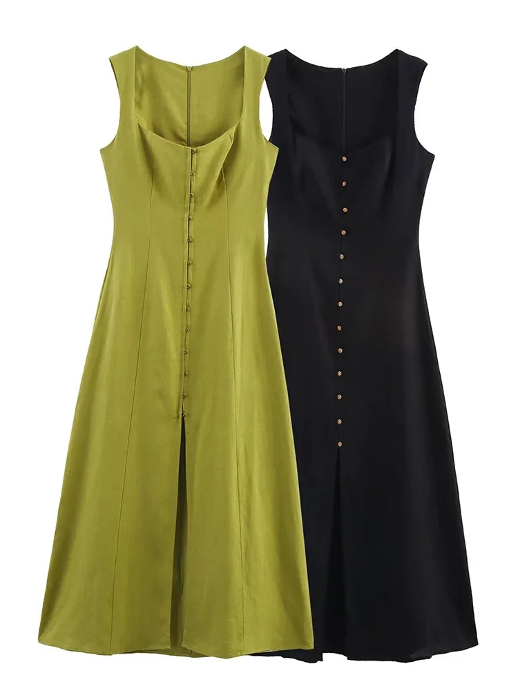 

2025 Summer New Women A-line Long Dress Elegant Square Neck Sleeveless Wide Sling Vestidos Lady Commute Button Dresses