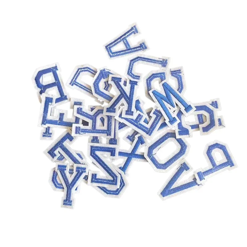 A~Z Blue Alphabet English Letters With White Edge Embroidery Applique Iron On Patches,Thermoadhesive Fabric Clothing Stickers