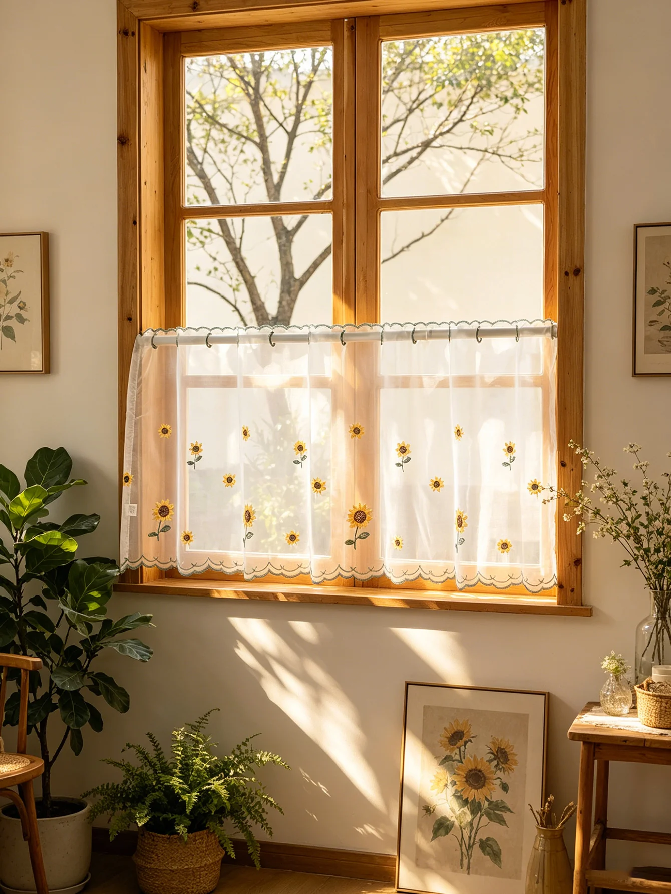 Sunflower Embroidered Sheer Curtain Valance, White Semi-Sheer Rod Pocket Cafe Curtain, Light Filtering Short Window Curtain for