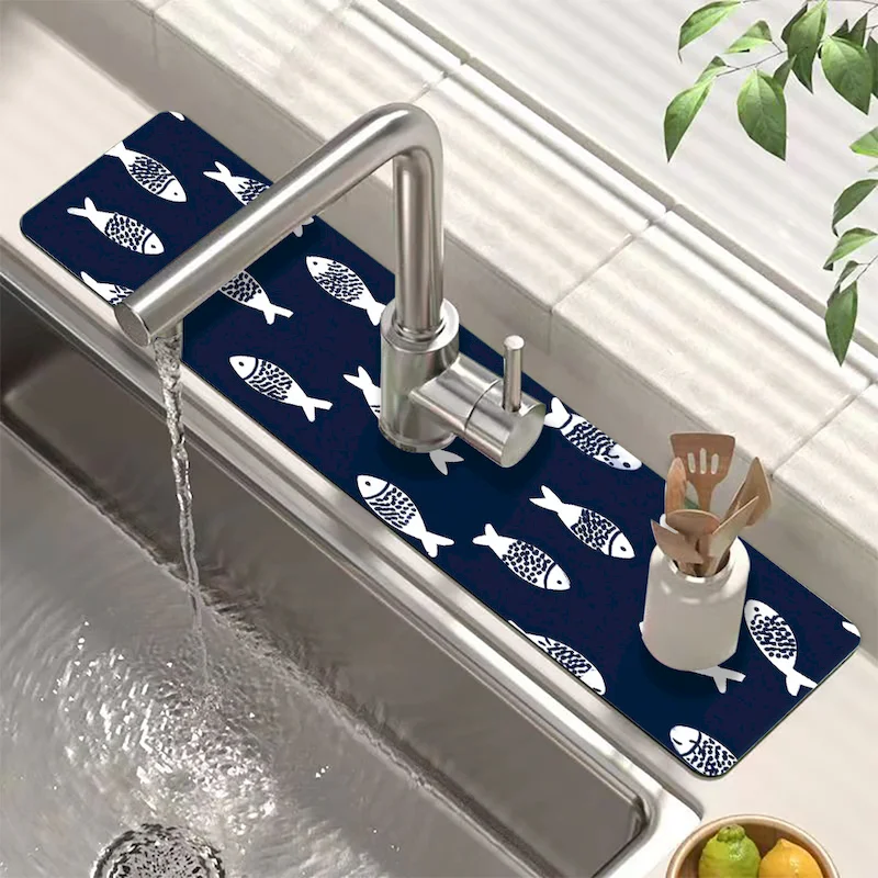 VIKAMA Simple Blue White Line Small Fish Faucet Pad, Kitchen Quick Drying Non Slip Pad, Tabletop Absorbent Pad, Home Decoration