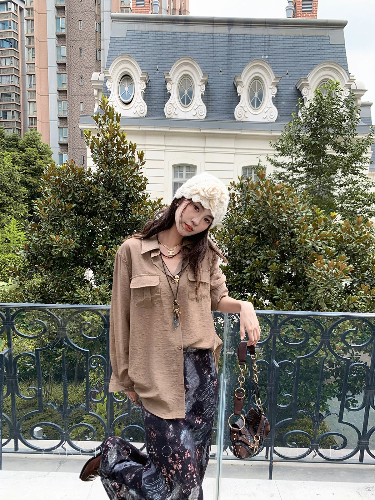 

Fall 2025 New Sle Yang Bubble Coffee Long Sve Collar Commuter Women's irt Double ket Slimming Breathable Cotton