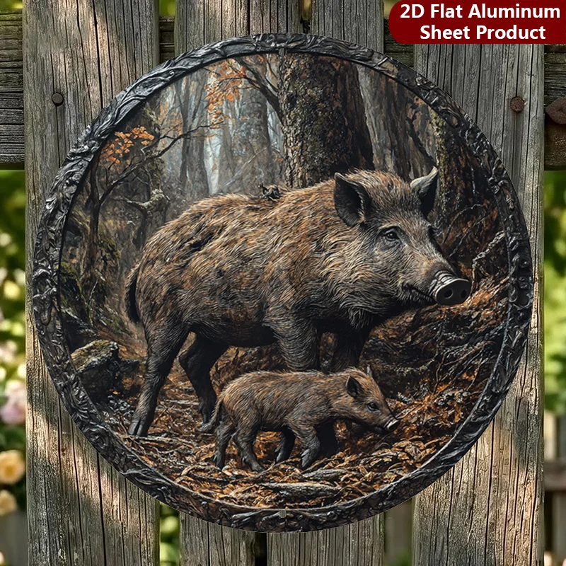 2D Flat, 1pc Wild Boar Family Round Sign - Vintage Forest Wildlife Wall Decor Suitable for Home, Cabin,, - Rustic Boar Plaque
