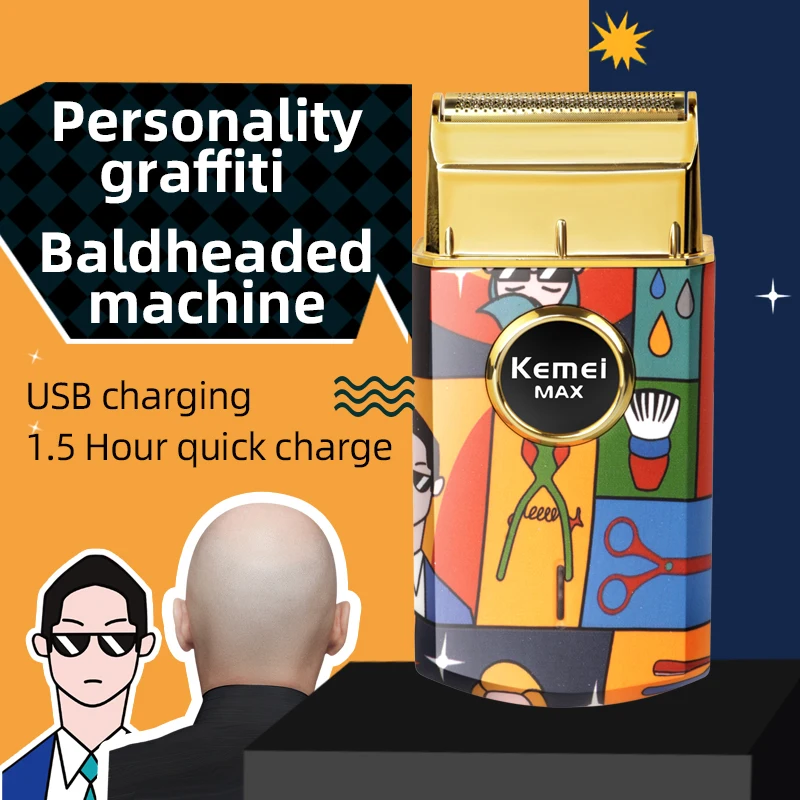 Kemei Titanium Double Foil Reciprocating Electric Shaver Professional Barber Finishing Razor Graffiti Pattern for Men KM-RS7098