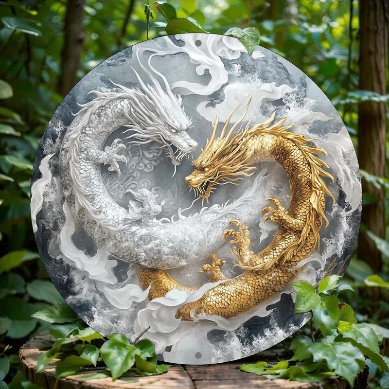 

Room Decor Chinese Dragon Themed Aluminum Metal Sign, 2D Flat Printed Circular Decorative Plaque for Cafe, Home Office Decor