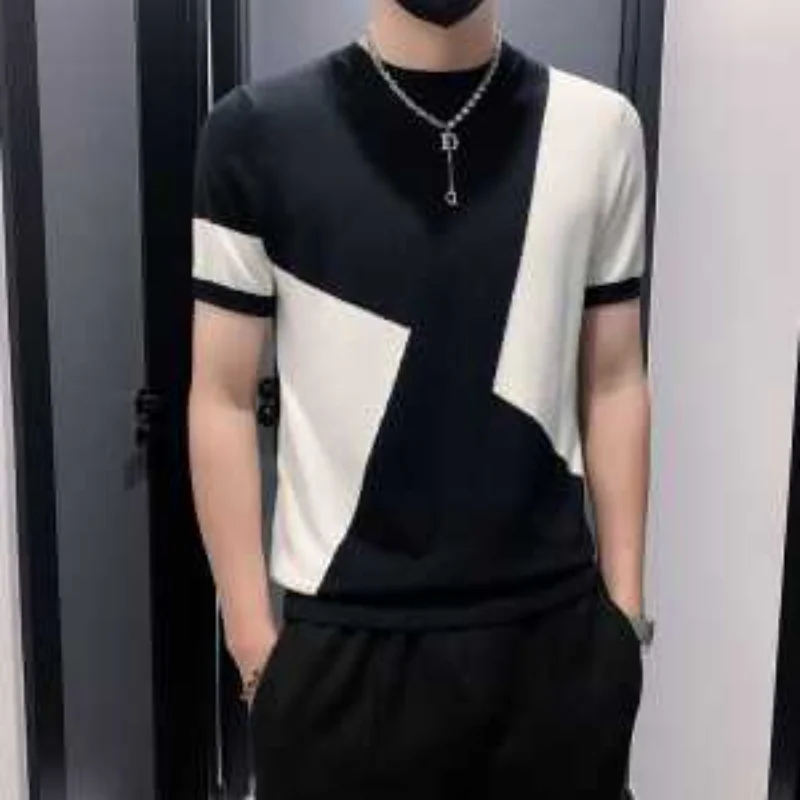 Men's Color Blocked Breathable Short Sleeve Summer New Product All Match Micro Elastic Fashion Knitted T-shirt Top