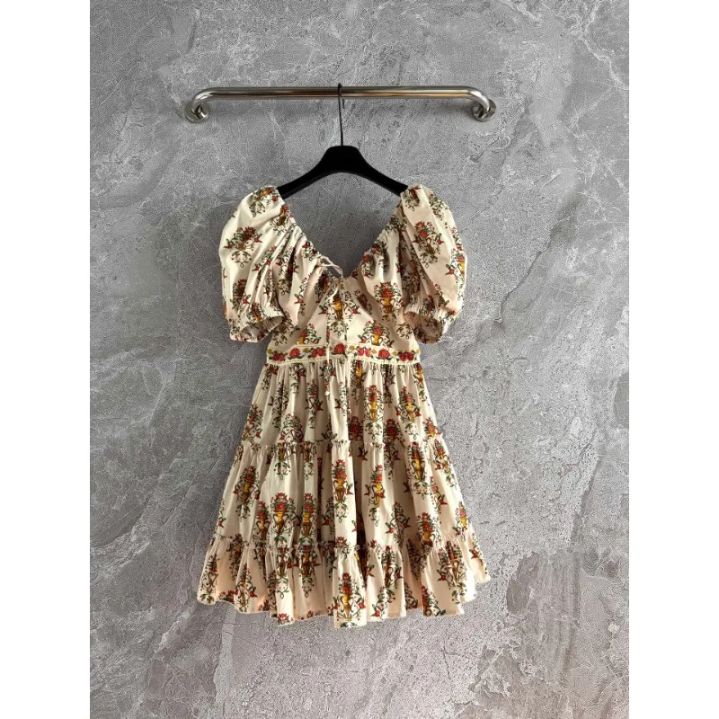 

Beige Little Floral Beading Embroidery Short Sleeve Mini Dress 2025 Cotton