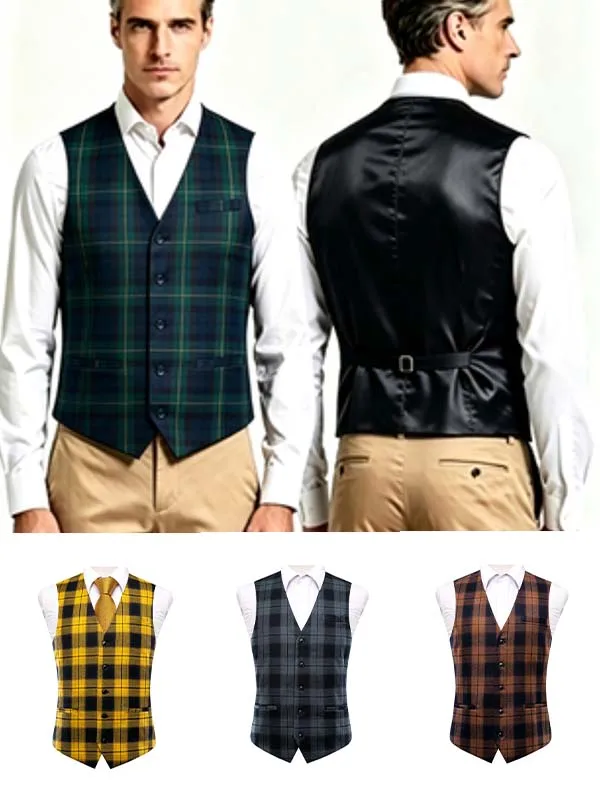 

Men's Plaid Single Vest, Retro Check Waistcoat, Available in Green, Yellow, Brown, Gray or Black