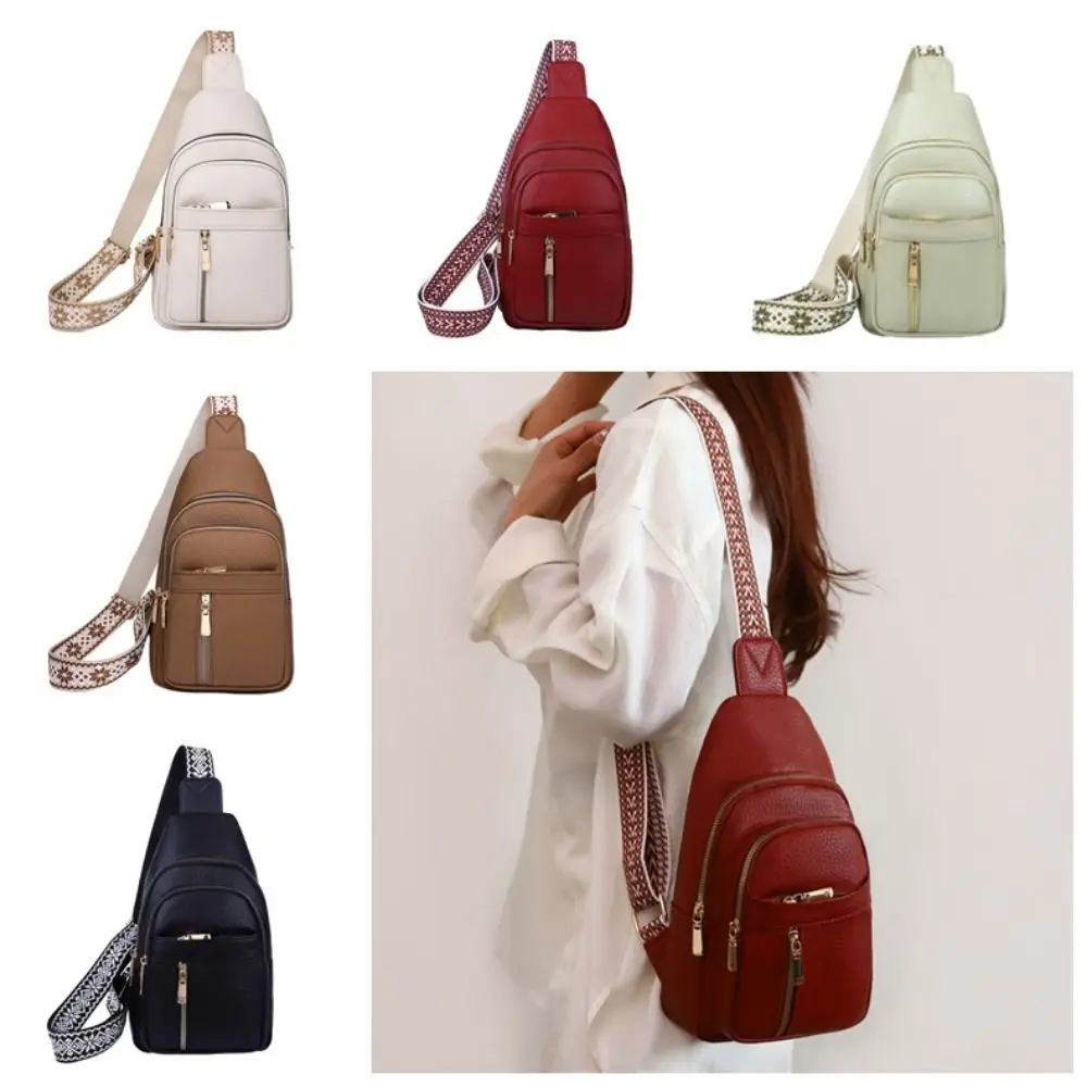 

Fashion PU Leather Bohemian Chest Bag Vintage Multi-Pocket Outdoor Shoulder Bag Zipper Solid Color Women's Handbag Cycling