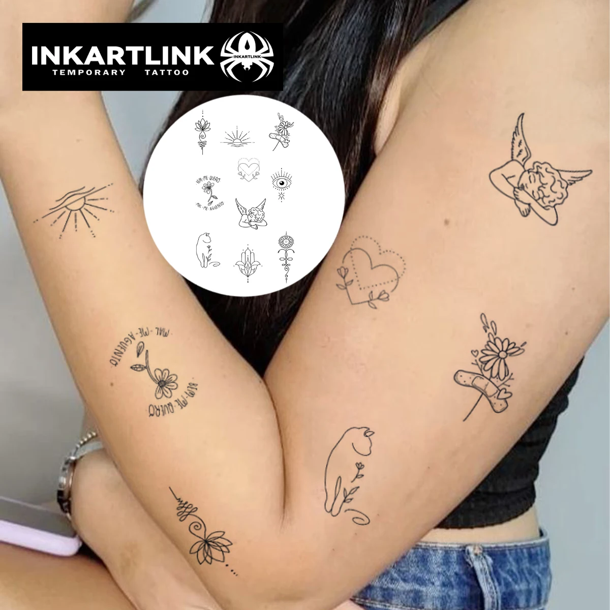 INKARTLINK Simple Lines Cat Flower Angel Sunrise Small Tattoo Stickers Waterproof Temporary Tattoo Color Holding 1-2 Weeks