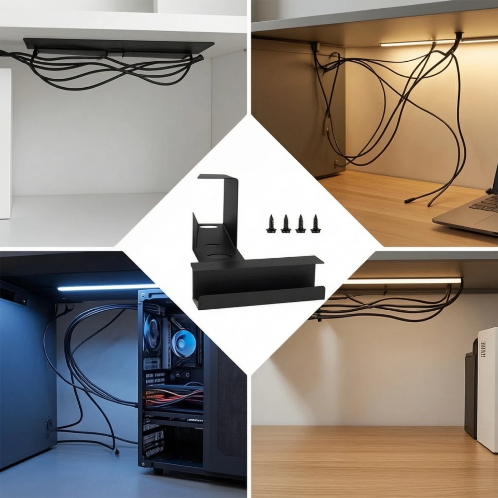 Under-Desk Cable Management Tray with Pass-Through Openings Sturdy Carbon Steel Under-Desk Cord Tray Compact for Home Office
