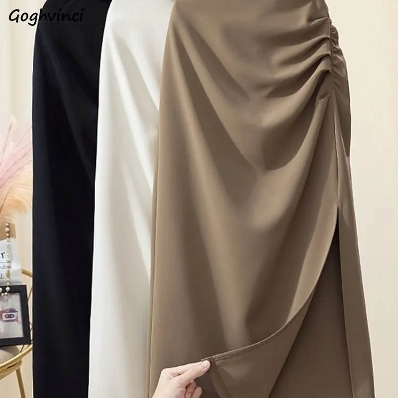 

Midi Skirts Women Side-slit Fashionable Office Ladies Autumn Gentle Folds Ulzzang Mujer Sweet Attractive Faldas Simple Versatile