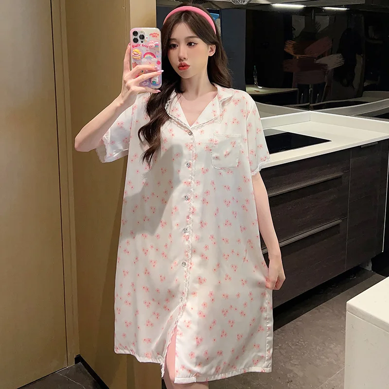 Korean Pajamas Dress Loungewear Sleepwear Silk Nightgown For Women Lapel Short Sleeve Sleepshirt Ladies Home Wear Nightie