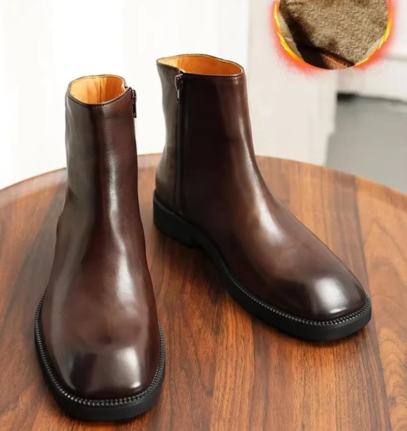 High Quality Fur Lined Warm Chelsea Boots For Men Autumn Winter Square-toe Leather Men Dress Boots Genuine Leather High-top Shoe