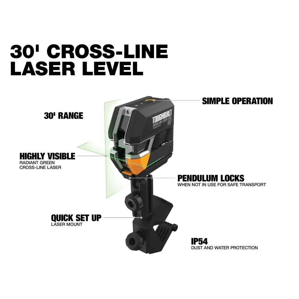 TOUGHBUILT TB-H2-LL-30-L2 30-ft Green Beam Self Leveling Cross-Line Laser Level Power Tool Accessories Architecture