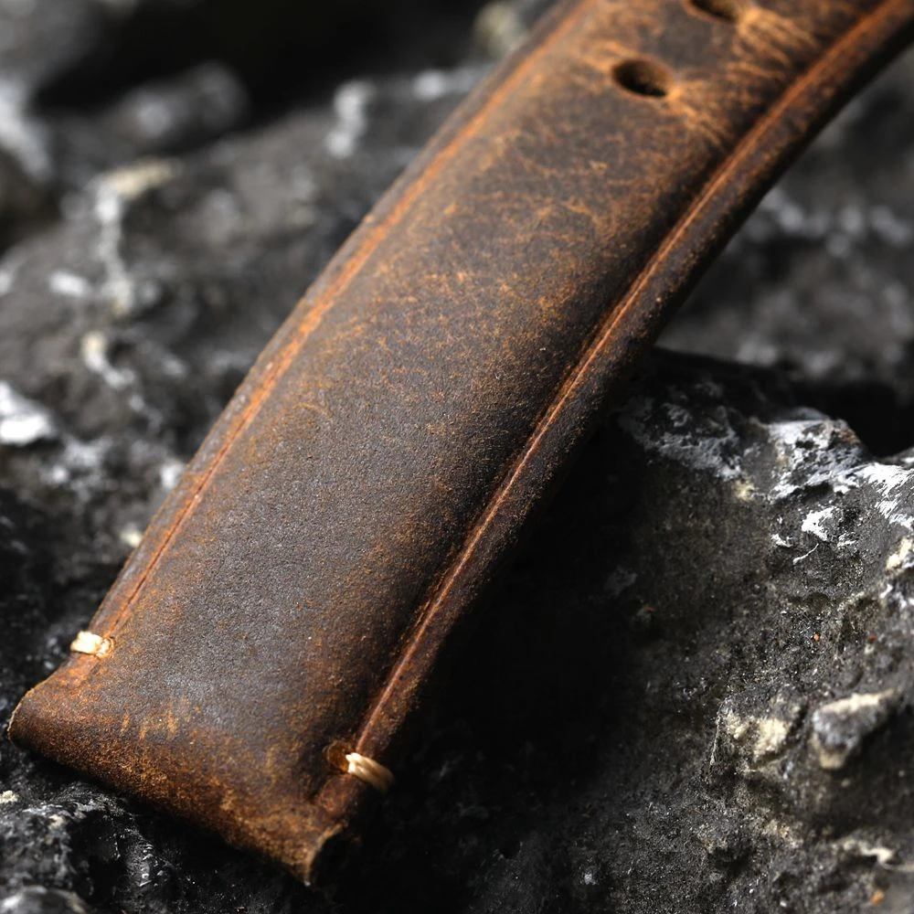 Handmade Head Layer Cowhide Watch Strap 18 19 20 21 22MM Oil Brown Vintage Genuine Leather Men\'s Thickened Bracelet, Retro Style