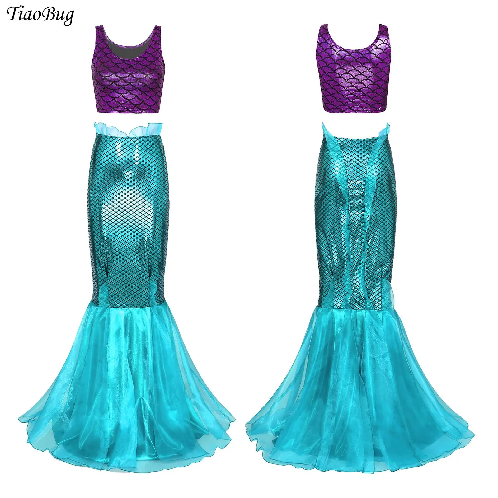 

Mermaid Cosplay Costume Shiny Metallic Fish Scale Print Crop Top Sleeveless Vest Tank with Fishtail Skirt Halloween Mermaid Suit