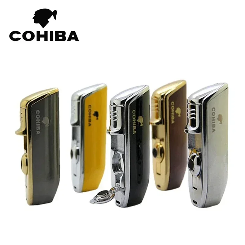 COHIBA-Windproof Metal Cigar Lighter, 3Jet Blue Flame, Turbo Torch, Portable Igniter with Cigar Punch Tool, Men Gift