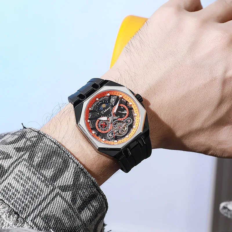 Neue vollautomatische mechanische Uhr Tourbillon Cut Out Herrenuhr Sonne, Mond und Sterne leuchtende wasserdichte Uhr