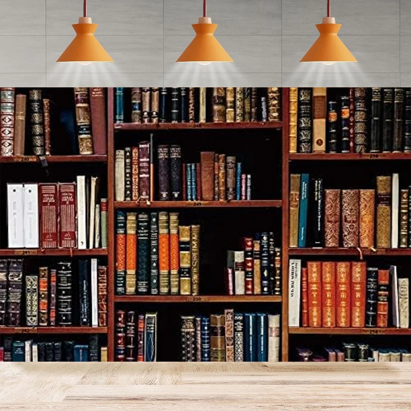 

Wooden Bookshelf Photography Backdrop Bookcase Zoom Meeting Study Room Library Online Background Home Party Backdrop Wall Banner