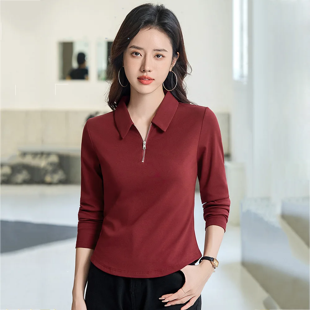 

New Women Daily Casual T-shirt Spring Autumn Fashion Zipper Turn-down Collar Long Sleeve T-shirt Simplicity Basic Short Tees