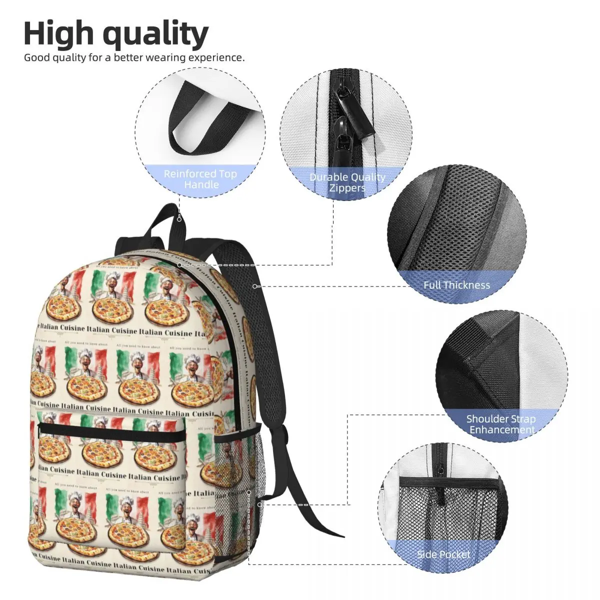 Italian Flag Pizza Backpack Daypack Large Capacity Kids BookBag School Bag Shoulder Bags for Men Women