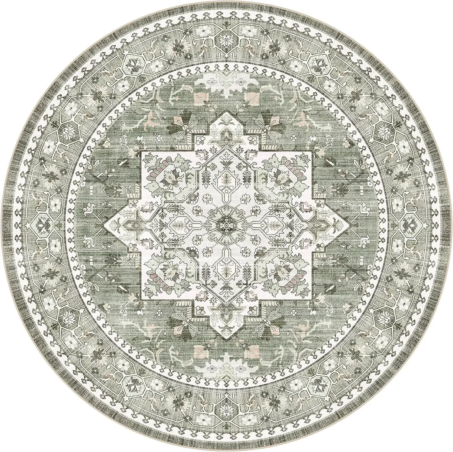 Traditional Turkish Circle Carpet Distressed Sage Green Round Area Rug Non Slip Washable Aesthetic Boho Bedroom Decoration