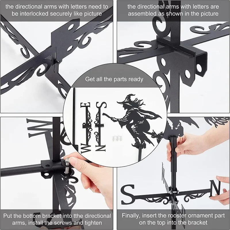 Weathervane, Metal Outdoor Garden Ironwork, Roof Courtyard Garden Decoration, Creative Furniture Chicken, Witch, Housewares New view 6
