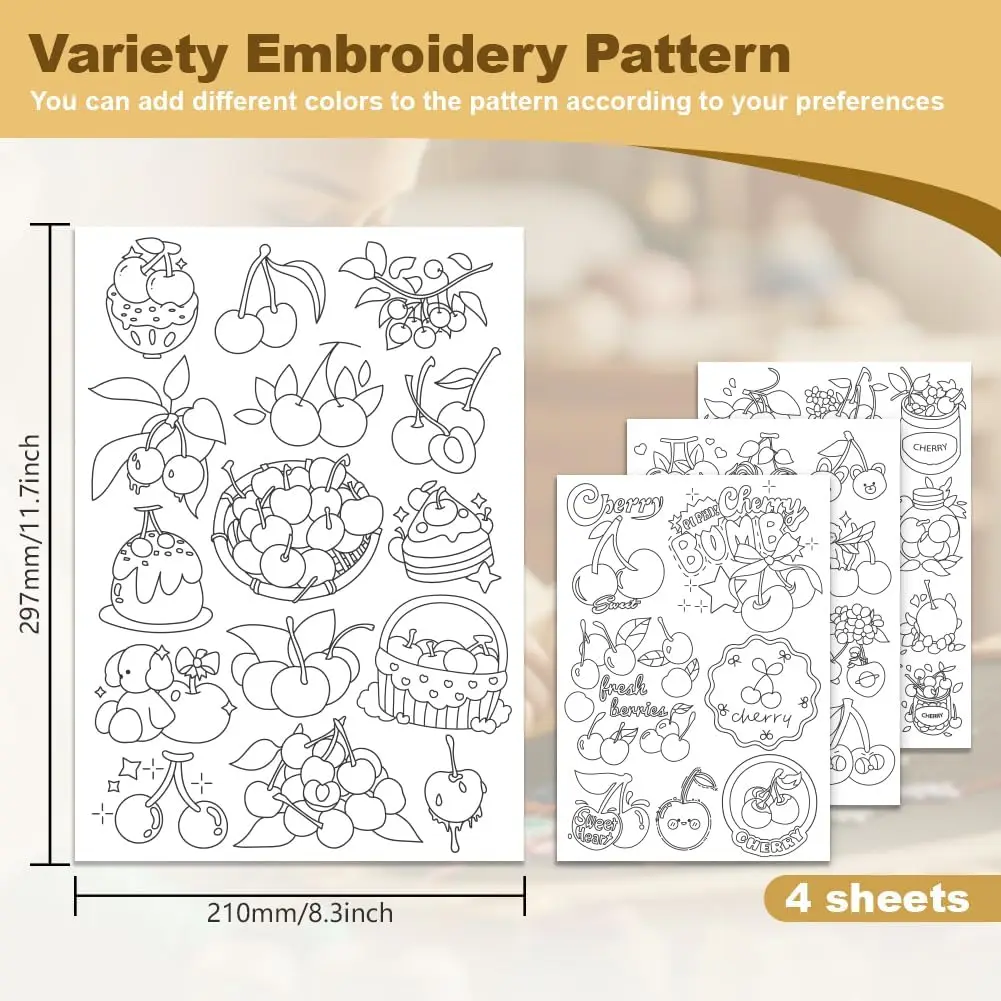 4 Pcs Cherry Water-Soluble Embroidery Stickers, Pre-Printed Fruit Patterns, Non-Woven Fabric DIY Self-Adhesive Embroidery Sticke