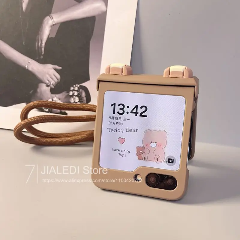 Cute Ears Capybara Bracelet Hinge Protective Phone Case For Samsung Galaxy Z Flip 3 4 5 6 7 Flip6 ZFlip7 7FE Hard Cover