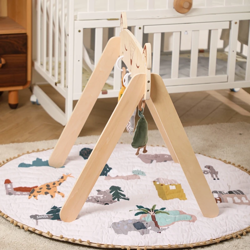 Wooden Play Gym Fox Mobile Hanging Sensory Toys Gym with Mat Triangular Activity Gym Baby Room Decorations Bracket Toy Rattles