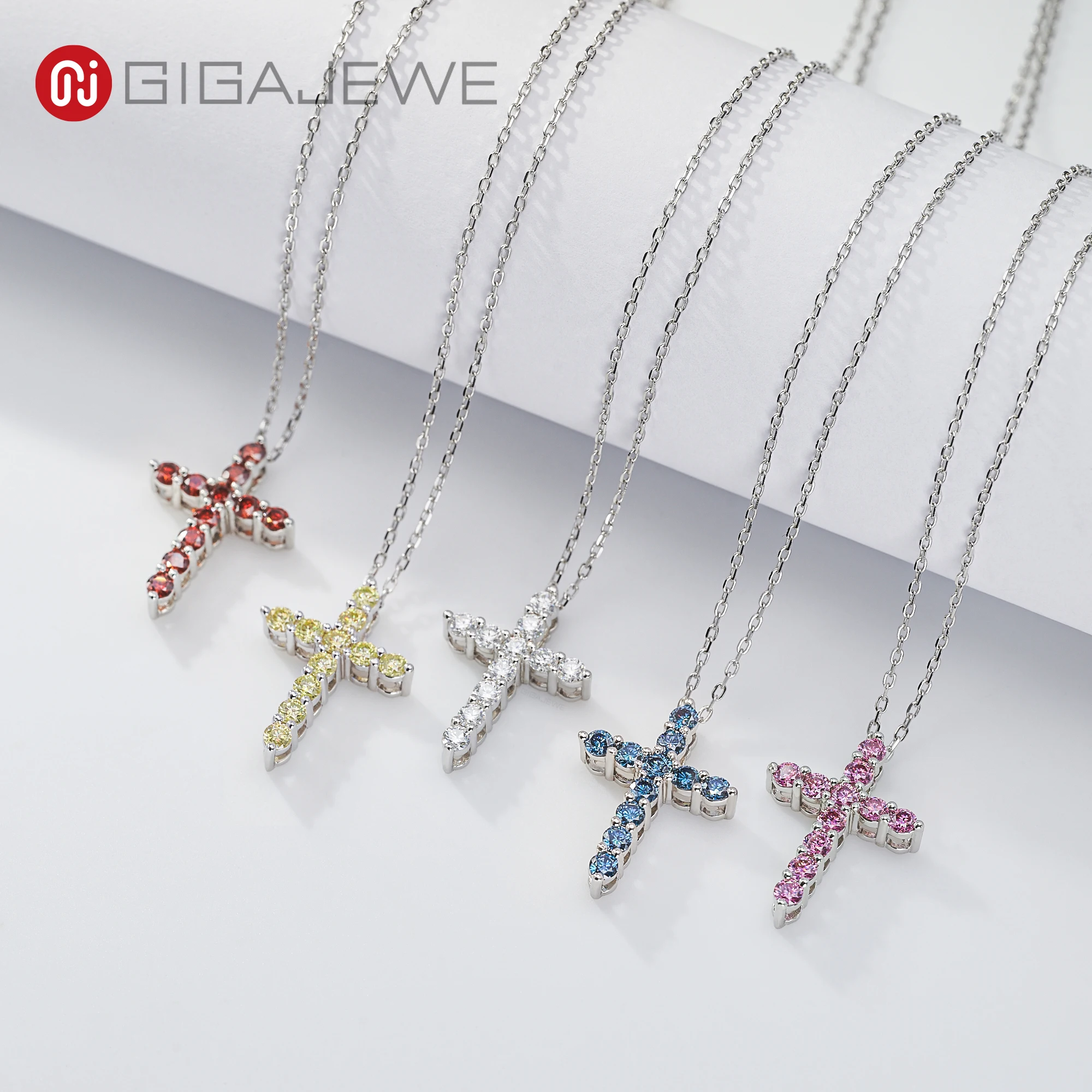 GIGAJEWE Total 1.1ct 3mmX11 Round Cut D VVS1 Moissanite 925 Silver Christian Religious Cross Pendant Necklace Woman Girl Gift