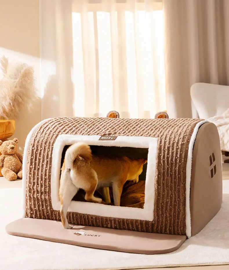 Hundehütte für drinnen, weiches, gemütliches Haustier-Schlafbett mit Loch, abnehmbare warme Katzenhütte, rutschfeste Matte für Kätzchen, Welpen, Haustier-Winterbedarf – Detail 2