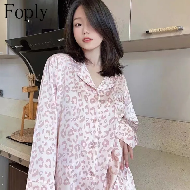 

Pink Leopard Woman Pyjamas Spring Summer 2 Piece Pajama Faux Silk Satin Sleepwear Long Sleeve Button Pijama Mujer Pjs Loungewear