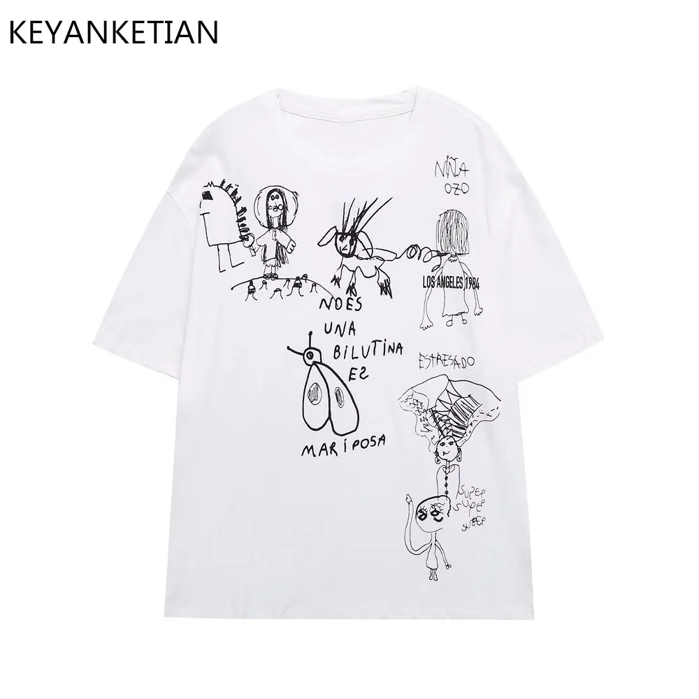 KEYANKETIAN Summer New Women's Cute Hand Painting Cartoon Printed T-Shirt Girl Style Round Neck Short Sleeve Ctton Pullover Top