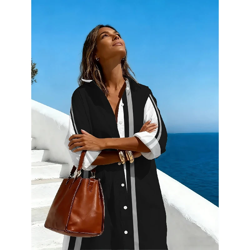 

Women Summer Beach Starfish Shell Print Shirt Dress Loose Casual V Neck Long Sleeve Midi Dress