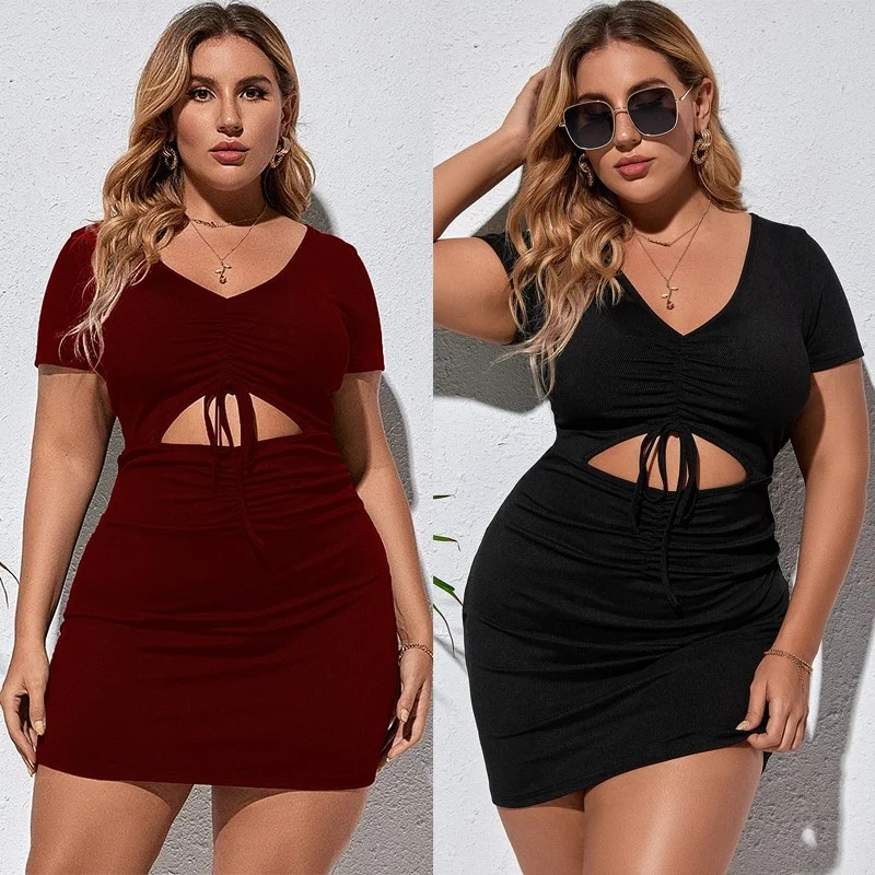 

Sexy plus Size Summer Par Dr Curvy Women's High Waist V-Ne ort Sve Dr Pure Color Casual Ele Gown
