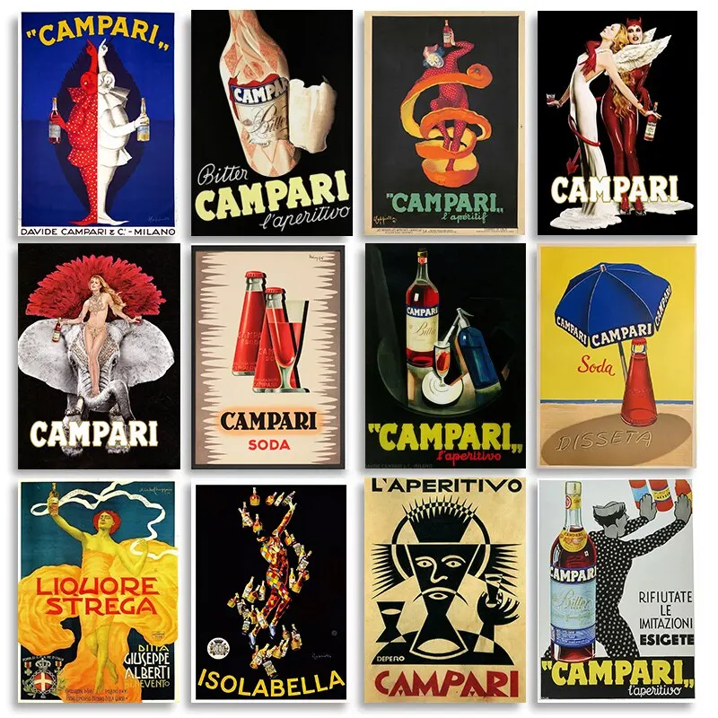 Vintage Campari Champagne Absinthe Ad Posters  Classic Beverage Wall Art Canvas Prints for Home Bar Decor