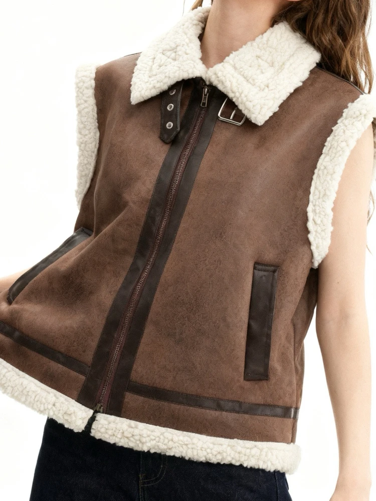 

Новый женский кожаный жилет из шерпа с меховым воротником без рукавов на молнии из искусственной замши, жилет из овчины, байкерская мотокуртка, зимняя теплая верхняя одежда