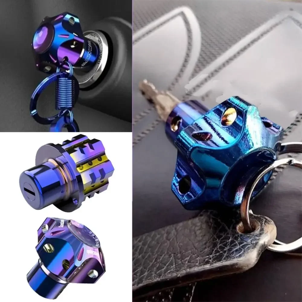 Creative Burn Blue Aluminum Keychain Pentagonal Hexagon CNC Key Head Modified Case DIY Key Cover For Motorcycle Car ATV