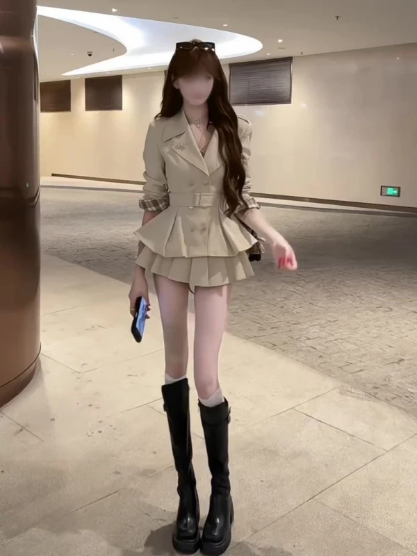 Autumn Fashionable Lady Style Coat Set Skirt Retro Suit Collar Waist Inward High Waist Pleated Skirt Two Piece Set Women