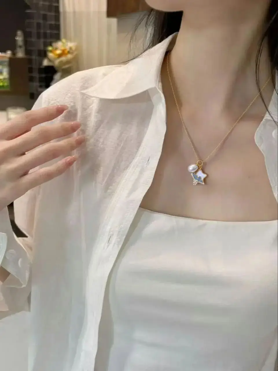 ZHBORUINI  Natural Freshwater Pearl Pendant Earrings Cute Style Natural Sea Shell Star Micro Inlaid Zircon Pearl Set view 6