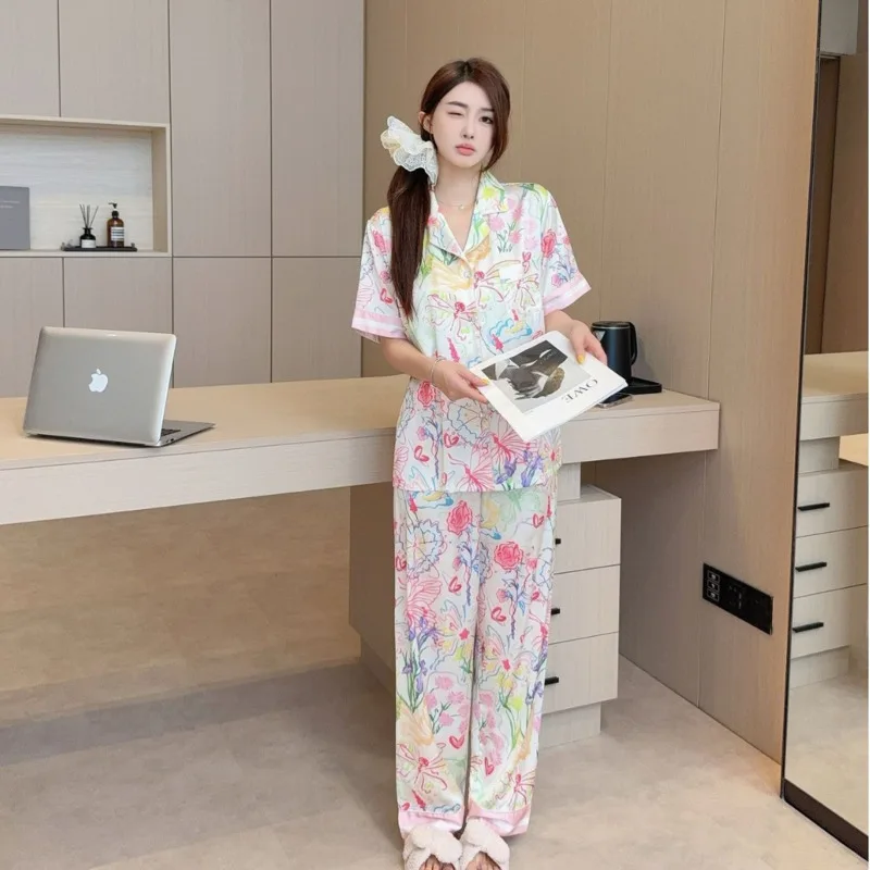 2025 Spring Autumn Colorful Butterfly Print Short Sleeve Pants Two Piece Set Set Women Pajamas Ice Silk Nightgown Sleepwear