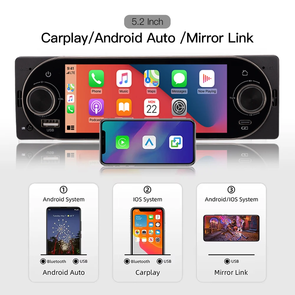 1 Din Double Helix Car Radio Wireless CarPlay Android Auto Stereo MP5 Player 5