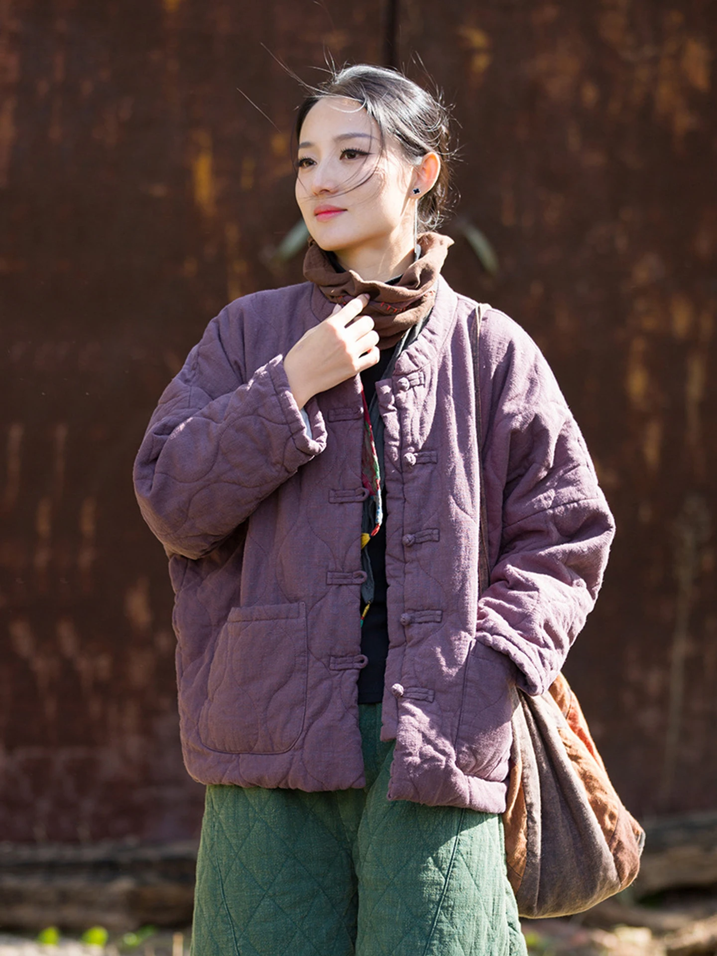 Women's Cotton Linen Short Jacket Button up Warmth Retro Style National Trendy Buddhism Style Coat with Silk Simulation Filling