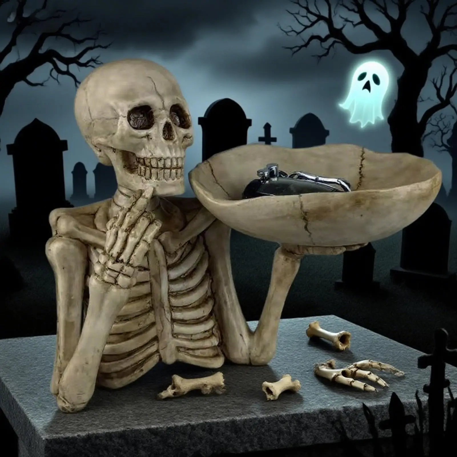 New Halloween Skull Storage Holder Candy Bowl Key Tray Vintage Skeleton Table Decoration for Halloween Party Bar Home Decoration